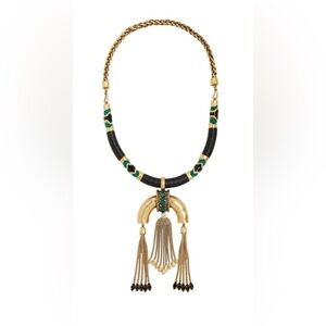 Stella & Dot Tribal Statement Necklace Gold Black Green Enamel Tassel Boho